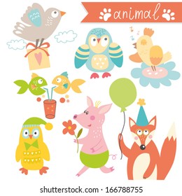 Cute animal set in vector. Fox, owl, owl, birds and piglet and fish in cartoon style. Ribbons with place for your text.