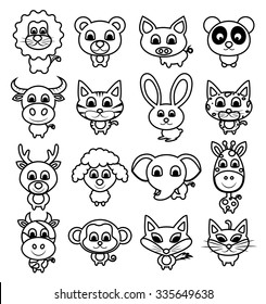 cute animal set, vector, illustration, baby animal cartoons, pig, giraffe, tiger, lion, cat, 
rabbit,  cows, buffalo, monkeys, bears, Coloring Book or Page Cartoon Illustration for Children