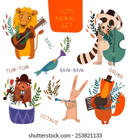 Cute animal set.Cartoon animals playing on various musical instruments.Lion, bear, raccoon, fox, bird, rabbit in vector 