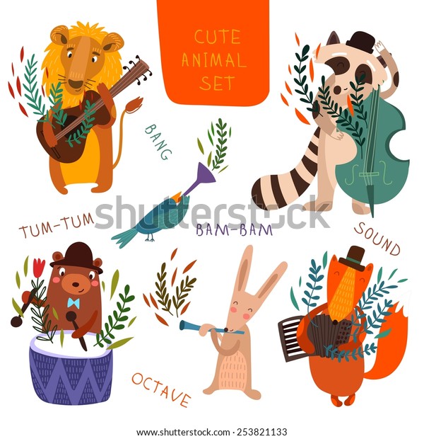 可愛い動物セット さまざまな楽器で遊ぶアニメ ライオン クマ アライグマ キツネ 鳥 ベクター画像のウサギ のベクター画像素材 ロイヤリティフリー