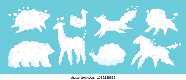 Cute animal shaped clouds. Zoomorphic cumulus in blue sky. Atmospheric fluffy forms. Kids dreams and imagination. Pony and sheep. Cloudy mammals. Garish vector cloudscape