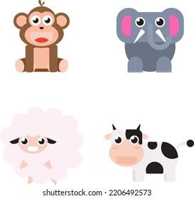 Cute animal sheep cow monkey and elephant