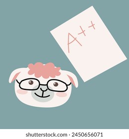 cute animal sheep in eyeglass with grade sheep. Vector illustration in pastel colors. Cute animal character with A plus list. 