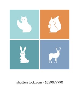 Cute Animal Silhouette With Flat Design Style. Fox, Rabit, Squirrel And Deer Silhouette. Good For Cover, Invitation, Banner, Placard, Brochure, Poster, Card, Flyer, Social Media And Other.