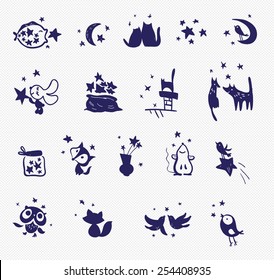 Cute animal silhouette. Flat simple artistic fish, pet, fox, cat, bunny, mouse, dog, owl figure isolated. Star, can, bag, moon icon.