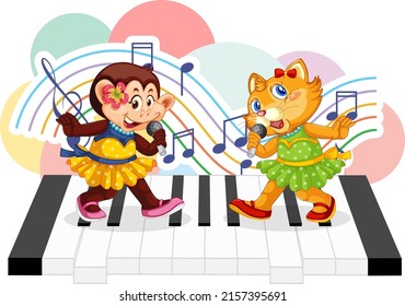 Cute animal sing a song with music notes on piano illustration