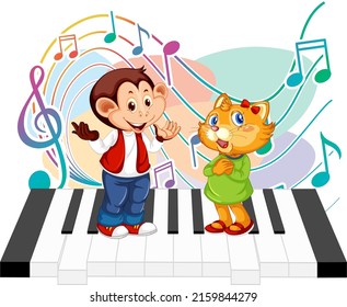 Cute animal sing a song with music notes on piano illustration