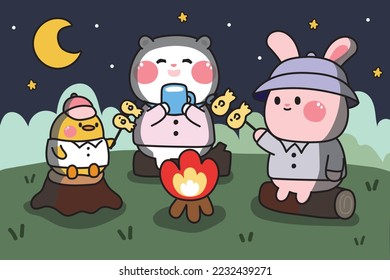 Cute animal sit around bonfire in forest background.Grill fish.Travel.Camping concept.Rabbit,bear,chicken cartoon hand drawn.Kawaii.Vector.Illustration.