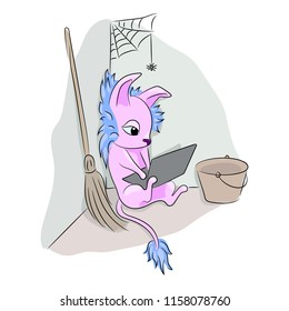 A cute animal sits among mop and bucket and works on a laptop
