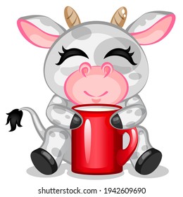 Cute animal sits and hugs a red cup. Cow with milk drink. A funny animal with dark spots. Smiling character. Logo for milk, yogurt, cream or hot drinks.