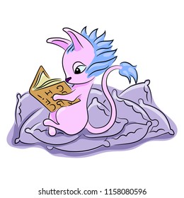 A cute animal sits on pillows and reads a book