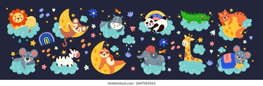 Um animal bonito dormindo. Padrão dos sonhos do bebê. Filme de animação de leão e hipopótamo. Coala doce na lua. Preguiça na rede na nuvem. Elefante sonolento na estrela. Conjunto de ilustrações filho. Desenho infantil vetorial