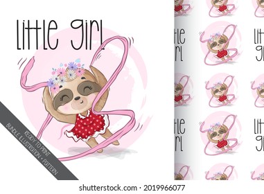 Cute animal sloth dancing girl seamless pattern