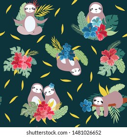 cute animal sloth set with flower bouquet seamless pattern