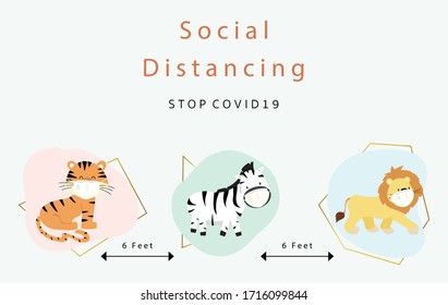 Cute animal social distancing collection with tiger, zebra, lion is wearing mask. Vector illustration for prevention the spread of bacteria,coronviruses