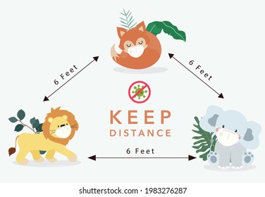 Cute animal social ditancing collection with fox,lion is wearing mask.Vector illustration for prevention the spread of bacteria,coronviruses