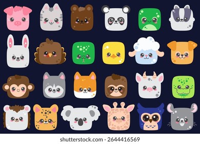 Cute animal square faces. Cartoon characters heads for game design. Kawaii vector pets icon set. Avatar of pig monkey panda and dog. Flat illustrations on dark background