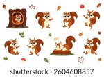 Cute animal squirrel set characters. Squirrel in various poses. Squirrel running, standing, jumping and sleeping. Forest wild animals.