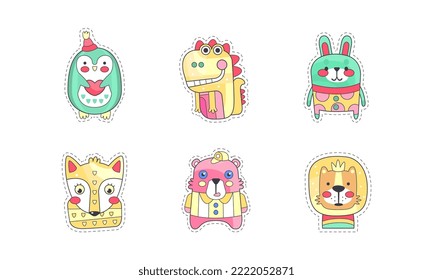 Cute Animal Sticker or Patch with Funny Penguin, Dinosaur and Bunny Vector Set