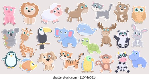 Cute animal sticker set. Flat design
