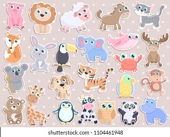 Cute animal sticker set. Flat design