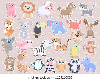 Cute animal sticker set. Flat design