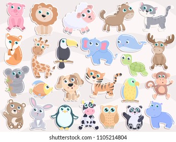 Cute animal sticker set. Flat design