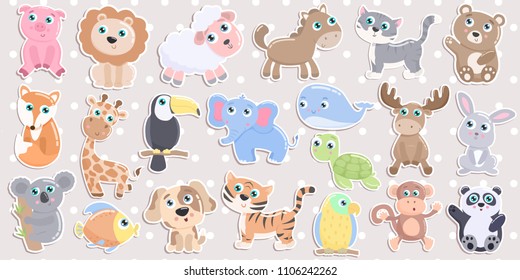 Cute animal sticker set. Flat design