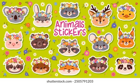 Cute animal stickers with flower crowns. Koala, rabbit, cat and deer, chick or pig. Bear raccoon, mouse and fox, puppy, sloth, panda or squirrel with hedgehog. Cartoon vector pets with floral wreaths