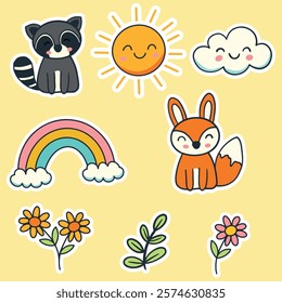 Cute Animal Stickers. Cute Fox, Raccoon, Sun, Cloud and Flowers Sticker. Whimsical Nature