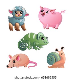 Cute animal stickers. Small kind creatures: a lamb, a pig, a chameleon, a mouse and a snail. Vector image, isolated on white background.