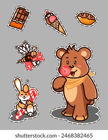 Cute animal stickers with some candies and snacks