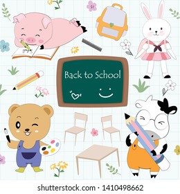 Cute animal student back to school cartoon,illustration vector doodle comic art.