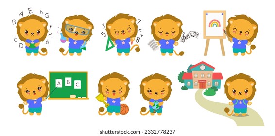 Cute animal student character design. School children vector. For school stationery print, kids educational game, preschool or elementary school mascot, children book illustration. Kawaii lion cub.