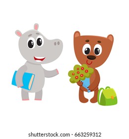 Cute animal student characters, bear with bunch of flowers, hippo holding book, cartoon vector illustration isolated on white background. Little animal student characters, back to school concept