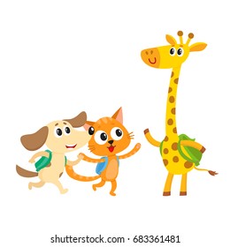 Cute animal student characters, cat, dog and giraffe with backpacks meeting in class, cartoon vector illustration isolated on white background. Little animal student characters, back to school concept