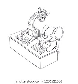 Cute animal students - elephant sitting at school desk, giraffe with backpack, cartoon vector illustration isolated on white background. Giraffe and elephant student characters, back to school concept