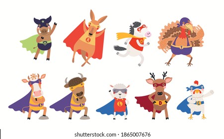 Cute animal superheroes big clipart collection, in masks, capes, flying. Isolated objects on white background. Hand drawn vector illustration. Scandinavian style flat design. Concept for kids print.