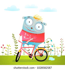 Cute Animal in Sweater Riding Bike. Happiness and bicycle trip of small monsters. Vector illustration.