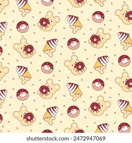 Cute animal with sweet chocolate ice cream seamless pattern