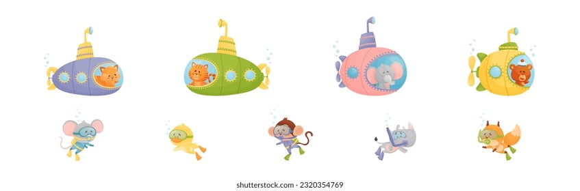 Cute Animal Swimming Under Water on Submarine and with Snorkeling Tube Vector Set