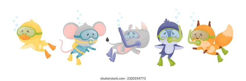 Cute Animal Swimming Underwater with Snorkeling Tube and Goggles Vector Set