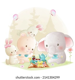 Cute animal tea party illustration woodland friends having a picnic