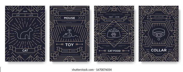  Cute animal template of flyer, magazines, posters, book cover, banners. Breed cats vector brochure cards thin line set. Layout different kitten outline illustrations modern pages