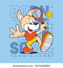 Cute animal tennis player with racket hitting the ball, vector illustration