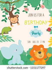 Cute animal theme birthday party invitation card vector illustration.