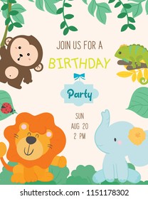 Cute animal theme birthday party invitation card vector illustration.