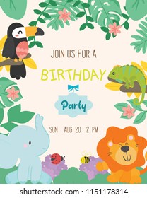 Cute Animal Theme Birthday Party Invitation Card Vector Illustration.