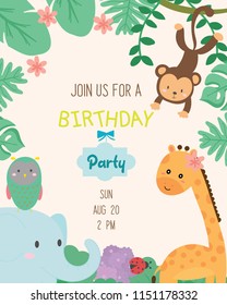 Cute animal theme birthday party invitation card vector illustration.