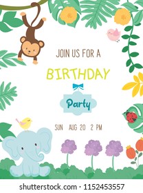 Cute animal theme birthday party invitation card vector.